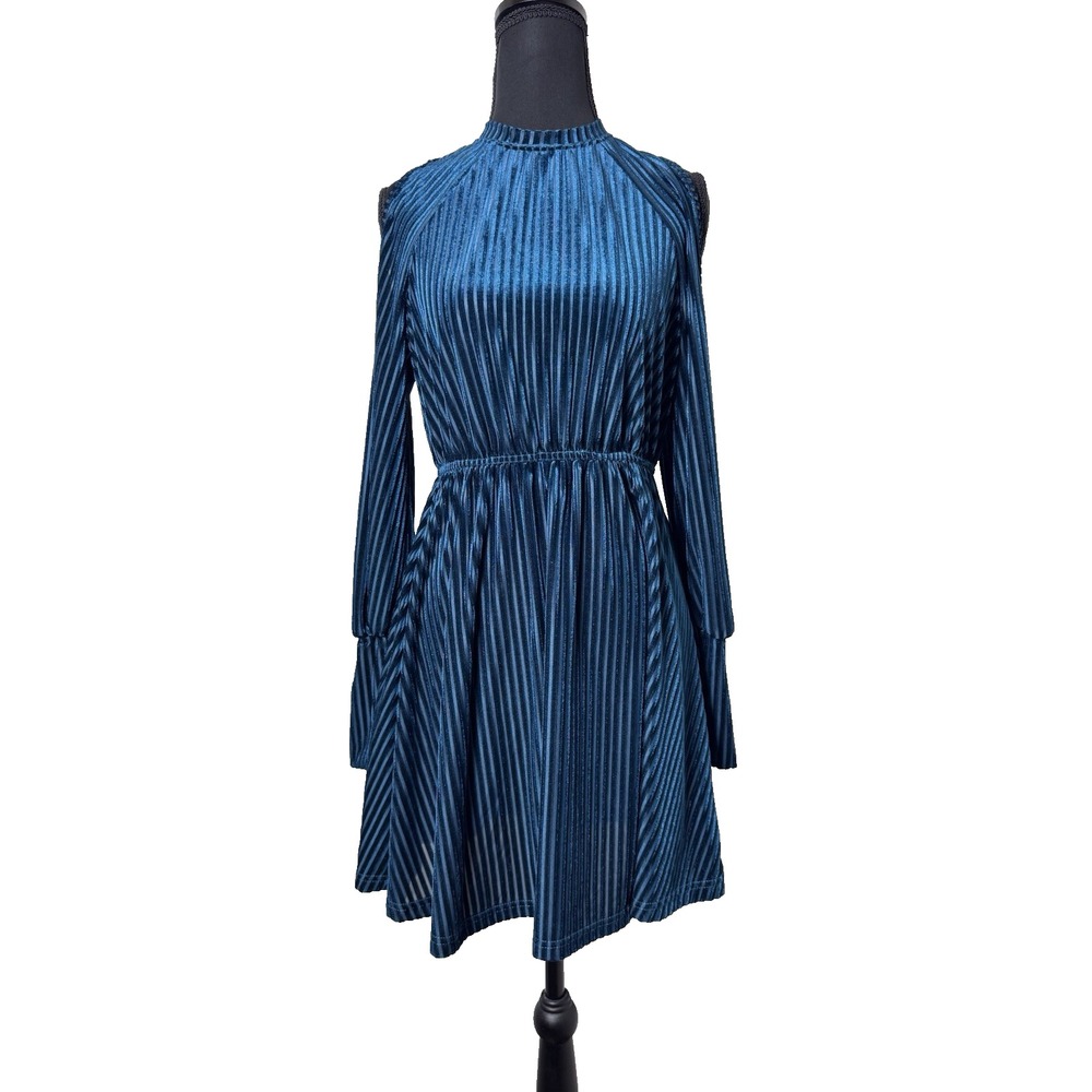 Emery Rose Teal‎ Velvet Stripe Cold Shoulder Holiday Mini Dress Small NWT